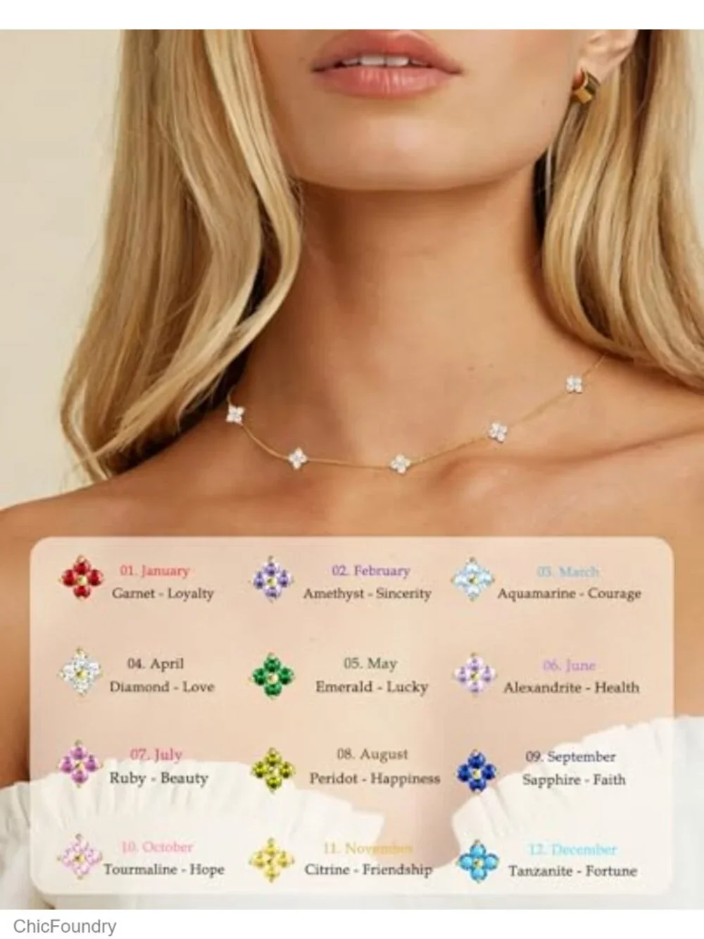 14K Gold Plated Dainty Clover Birthstone Necklace for Women